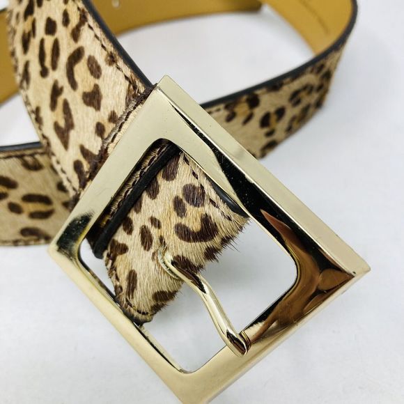 Leopard Print Leather Belt with Gold Toned Square Buckle Women Size Small 28-32” - Picture 2 of 8